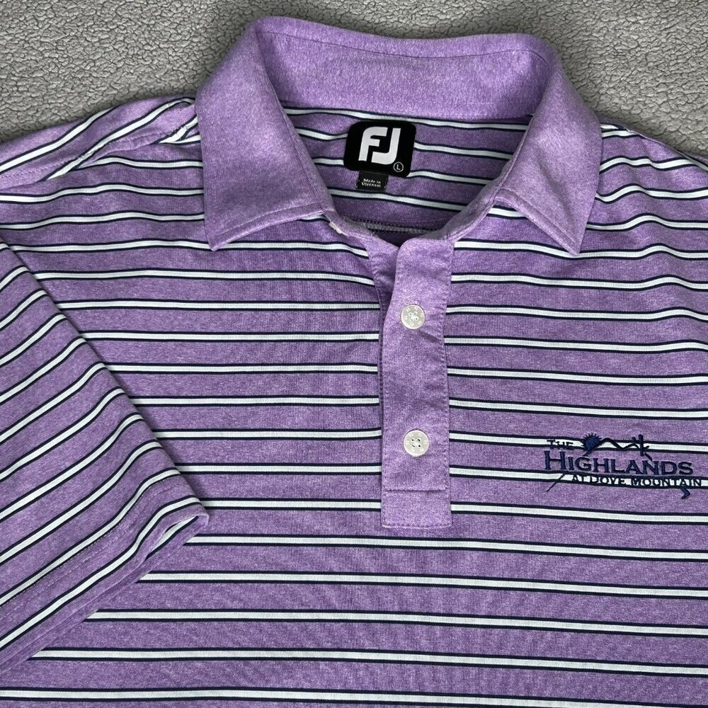 FootJoy Polo Shirt Mens Large Purple White Stripe Golf Highlands Stretch Logo